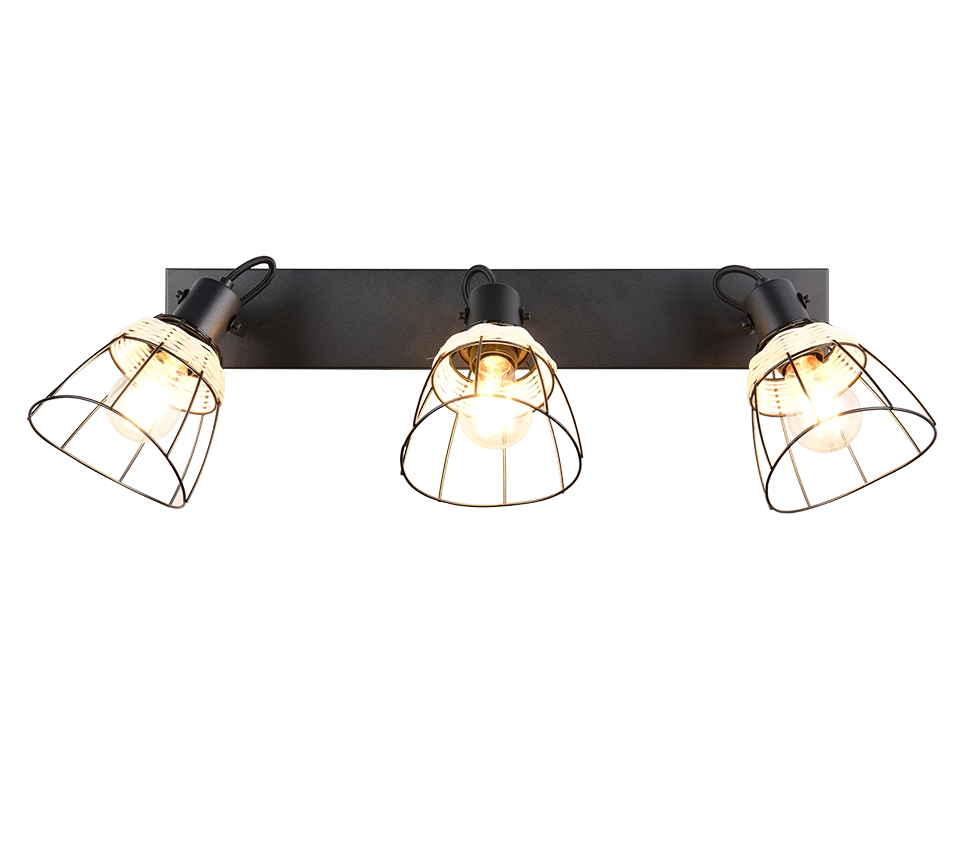 Barra 3 spots, rattan e metallo, naturale e nero, L 62 cm, Jerome