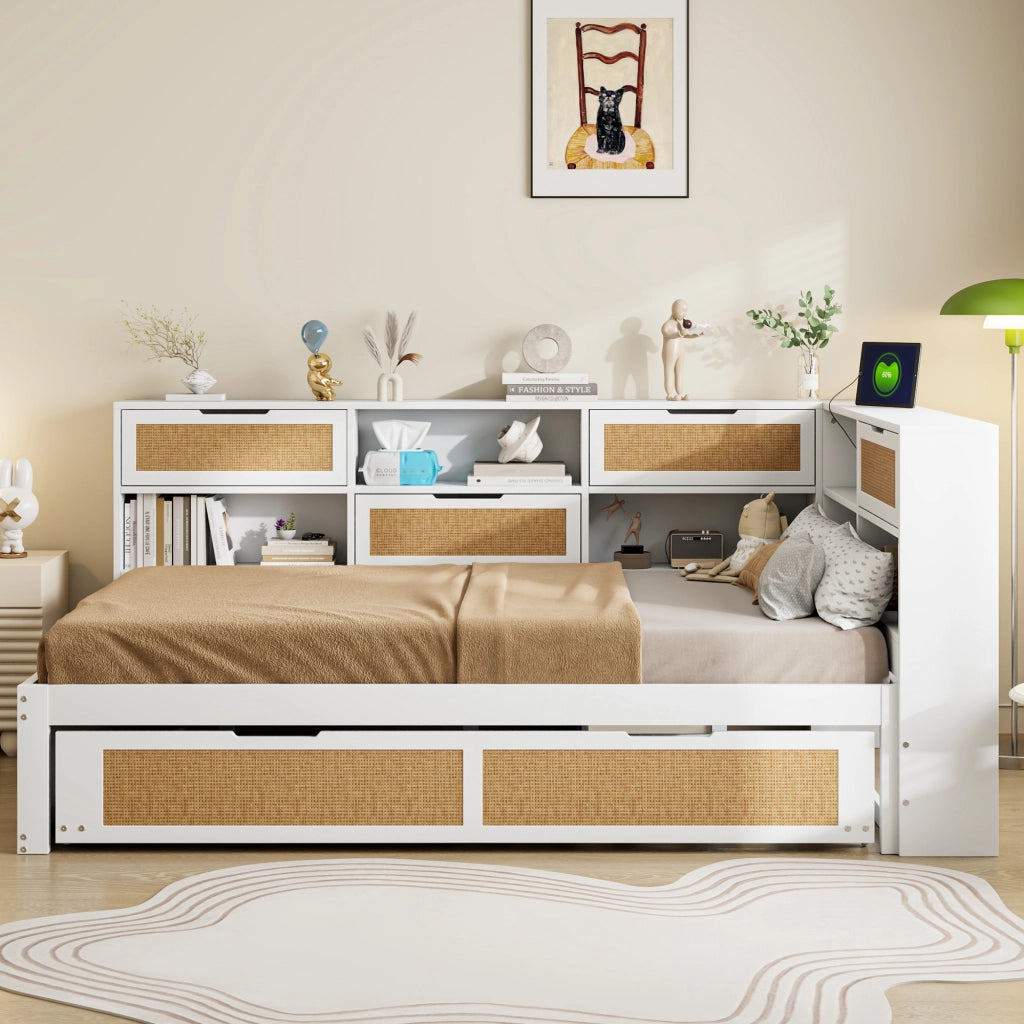 DESMIU Divano Letto 140 × 200 cm con Letto Estraibile 90 × 190 cm, prese USB, senza materasso, in legno, bianco