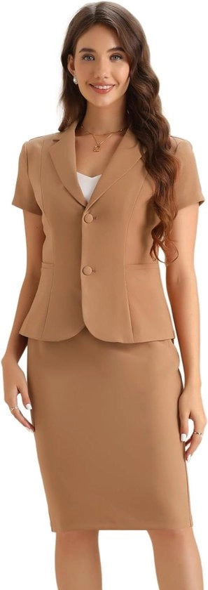 Abito da ufficio per donne con maniche corte e giacca a penne in grigio/rosa, XL, abbigliamento formale.