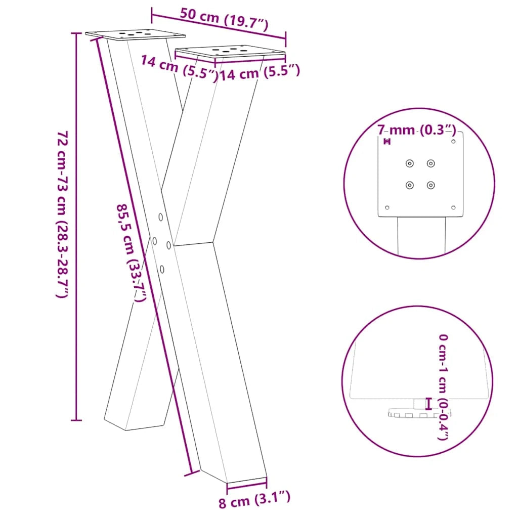 Set di 2 gambe per tavolo da pranzo a forma di X 50 x 72 cm con piedini regolabili stile moderno acciaio antracite 02_0057242