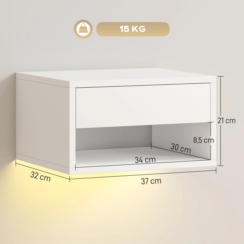 Set 2 comodini sospesi LED RGB con app, cassetto, ripiano, 37x32x21cm ¨C Xylo ¨C Bianco