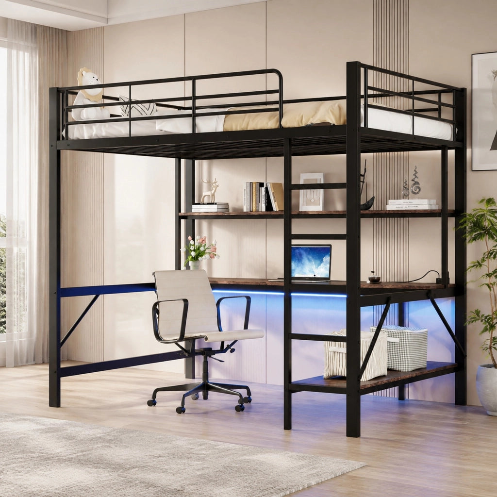 LETTO a soppalco 140x200 cm Metallo Nero con scrivania, ripiani, LED, USB