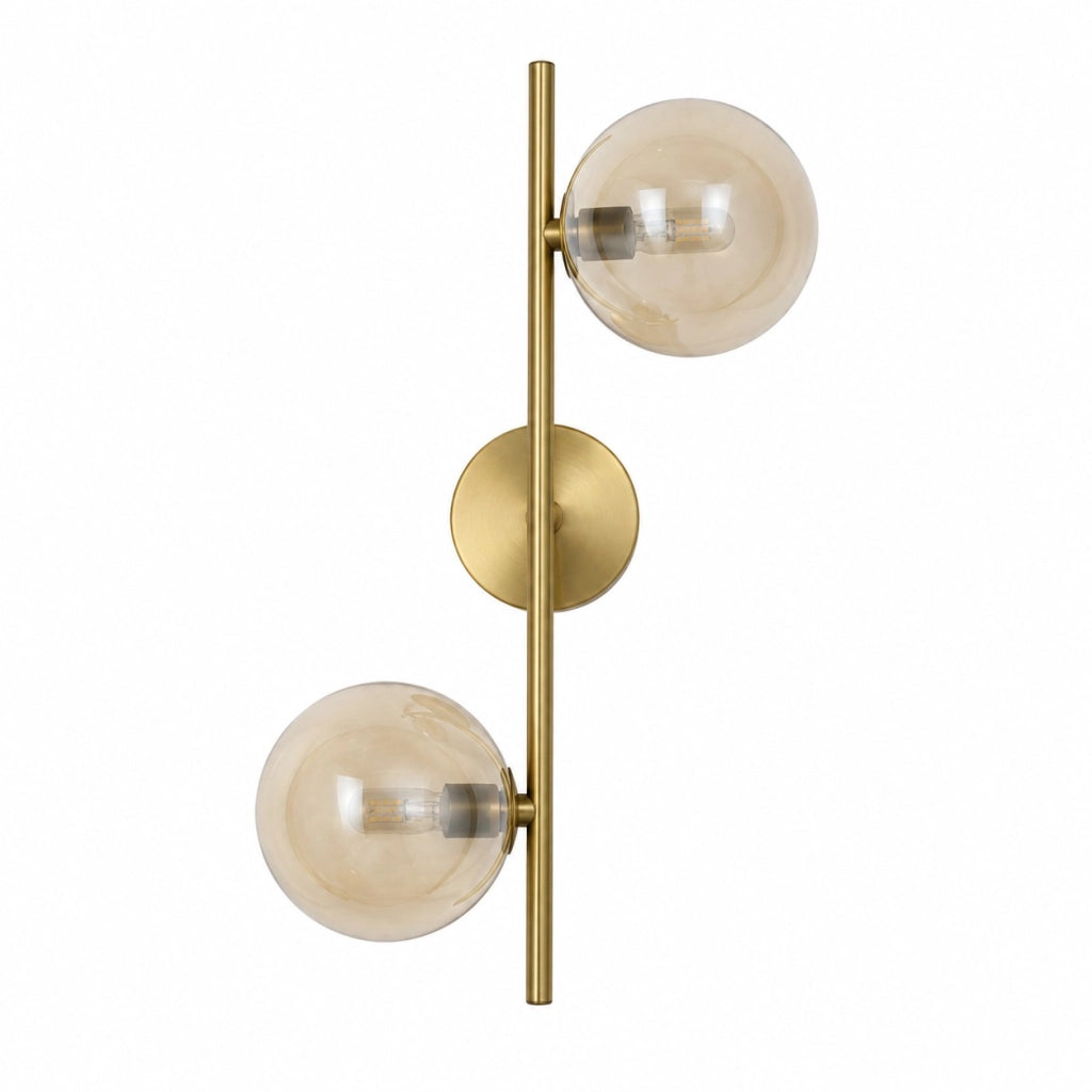 Applique lampada da parete finitura oro con 2 sfere trasparenti colore ambra doppio attacco lampadine G9