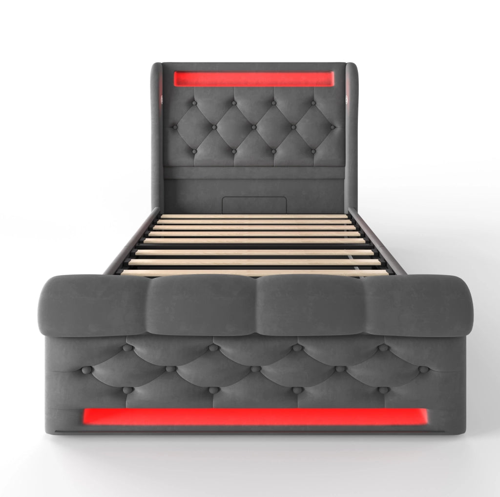 Letto imbottito con contenitore 90x200 cm in velluto grigio; LED integrato; USB e Type-C; con materasso