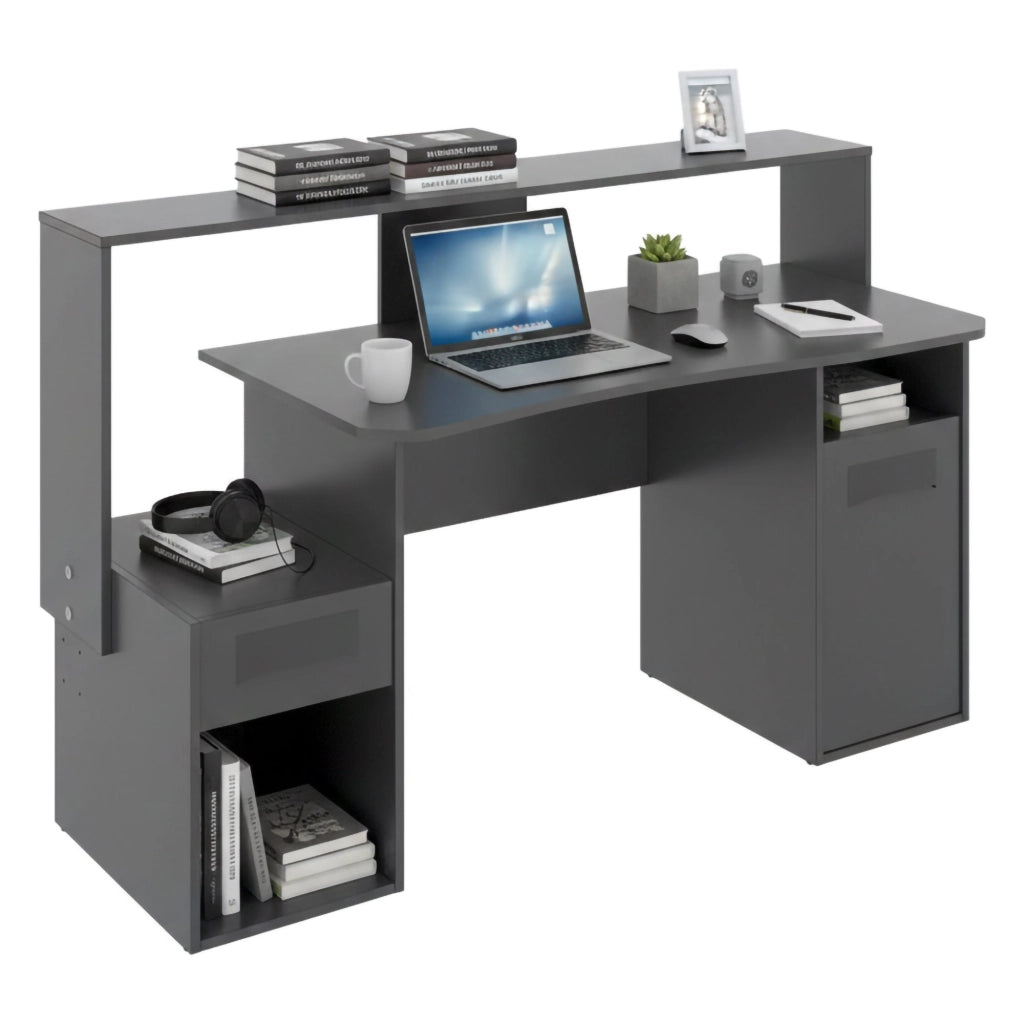 Scrivania Albertino, Scrittoio multifunzione moderno da gaming, Tavolo da studio porta PC e porta CD, 154x69h98 cm, Antracite, senza luci LED