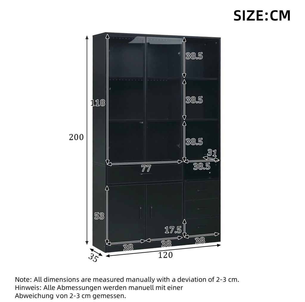 Mobile alto con vetrina in vetro e LED 120x35x200 cm; 4 cassetti; nero