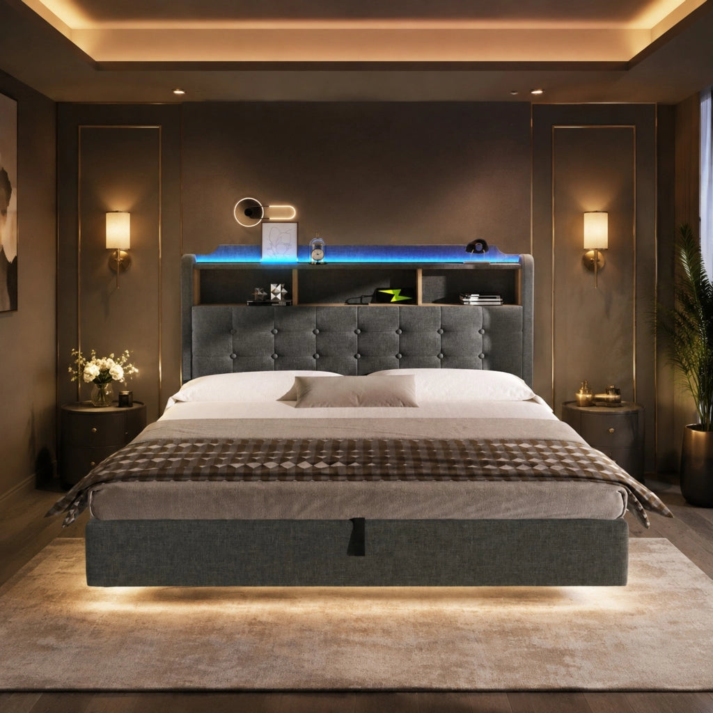 LETTO Contenitore 180x200 cm Grigio in Lino e MDF con LED, USB e Type-C