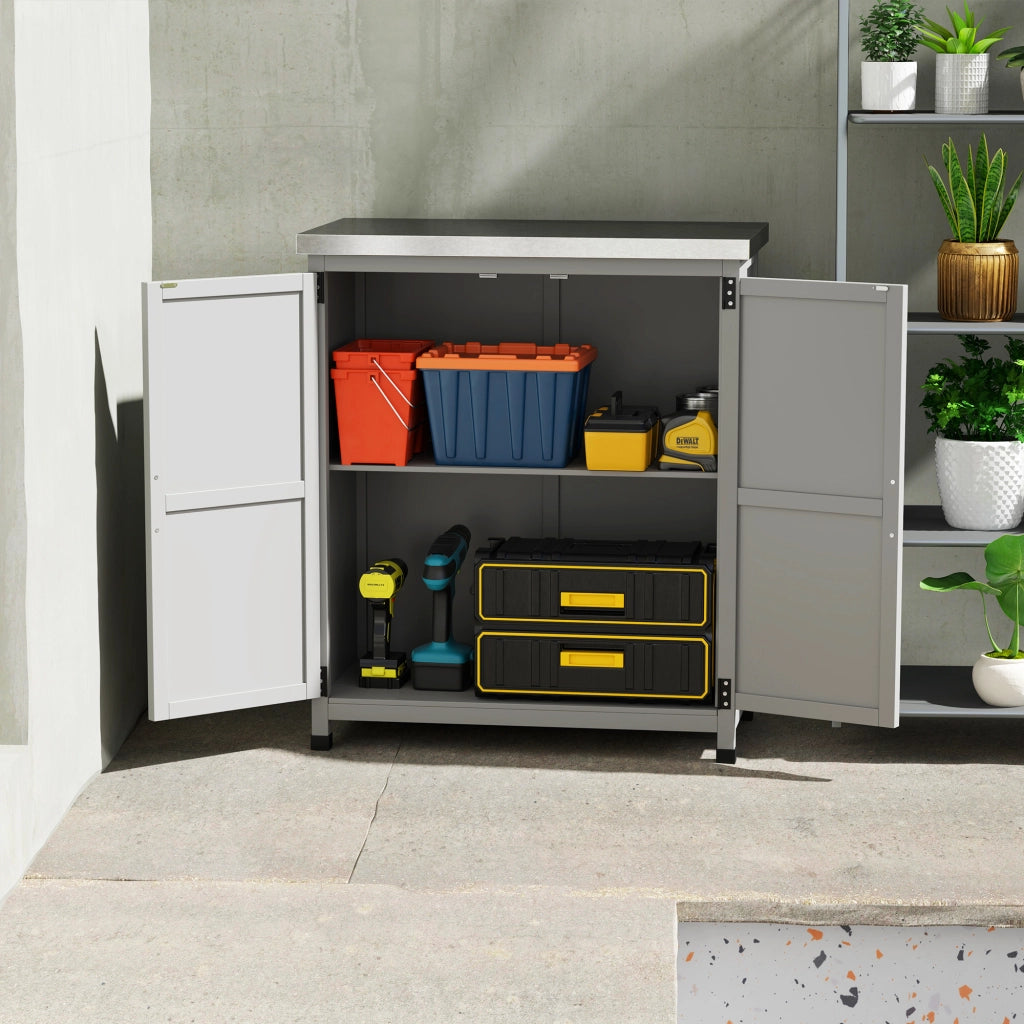 OKWISH Armadio da Giardino con Piano di Lavoro, Doppia Anta e Ripiano, per Uso Esterno, Legno, Grigio, 79 × 43 × 92 cm