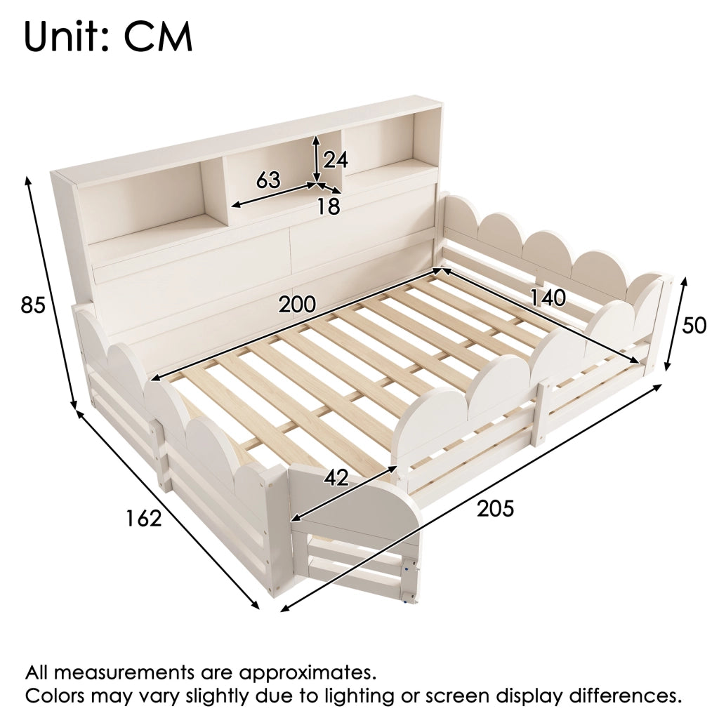 Letto a pavimento 140x200 cm con barriera; porta e scaffale in legno bianco