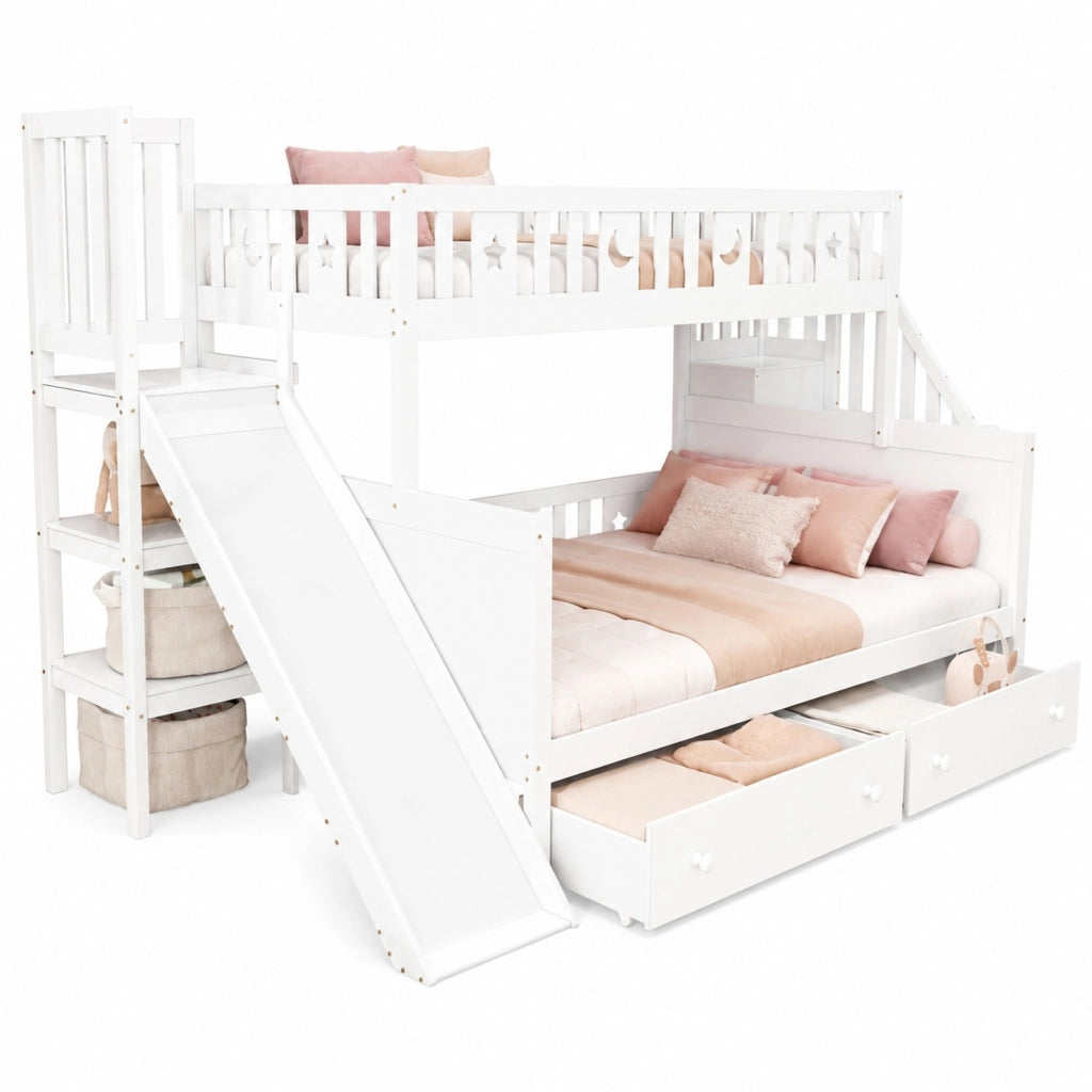 Letto a castello per bambini con scivolo e scala di sicurezza; 90x200/140x200 cm; bianco in legno