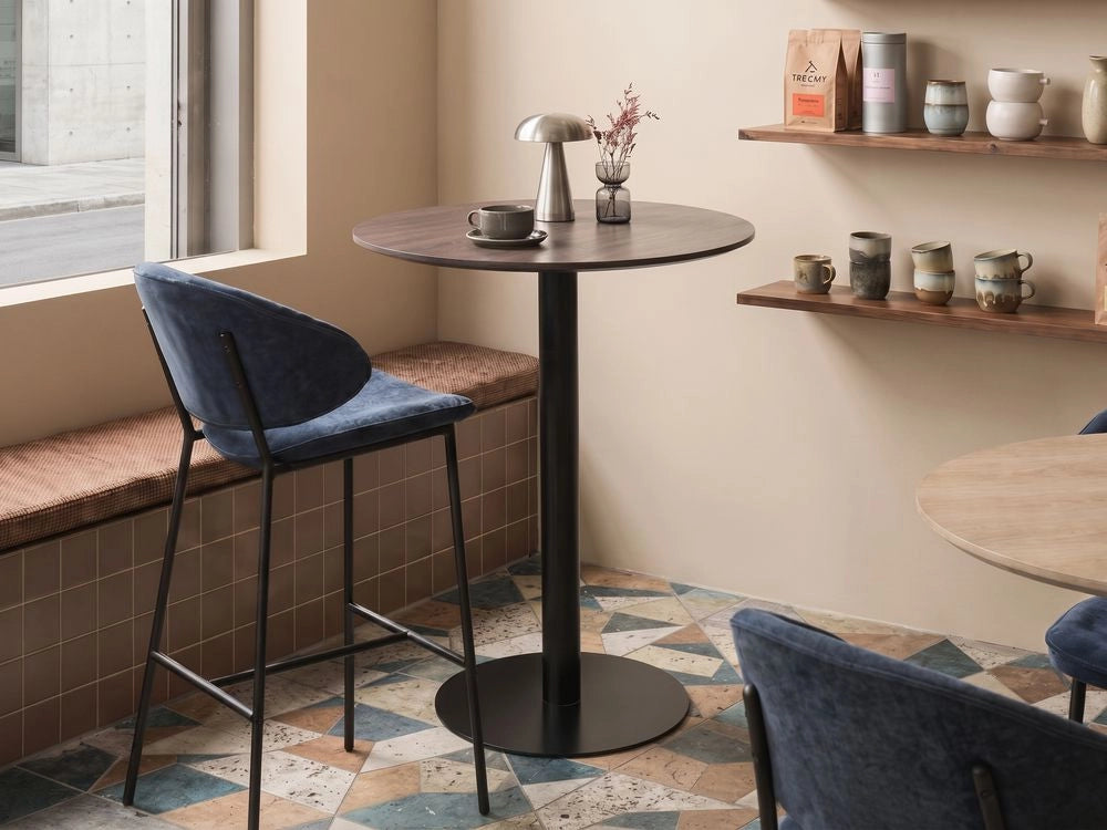 Tavolino da bistrot in MDF marrone scuro e nero, piano rotondo e base in metallo, 80 x 80 cm, cucina moderna