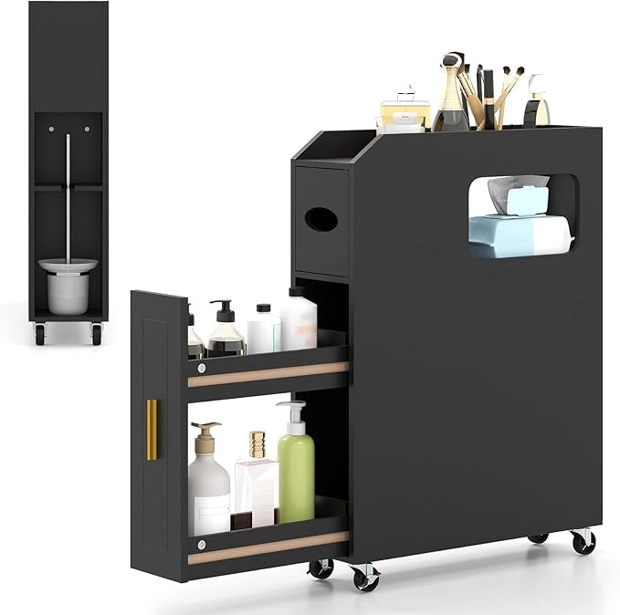 Credenza da Bagno Piccolo, Mobile Salvaspazio Stretto e Slim con Cassetto Scorrevole, Porta Fazzoletti, Portascopino e Ruote Bloccabile, Armadietto per Spazi Ridotti (Nero)