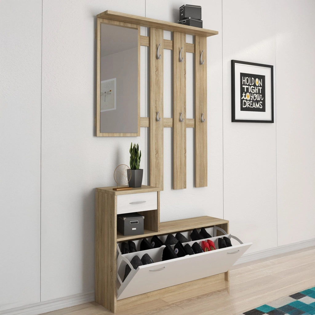 Mobile da ingresso Dazio, Entratina moderna con specchiera, Mobile con scarpiera, Mobile svuotatasche, Cm 100x25h181, Bianco e Rovere