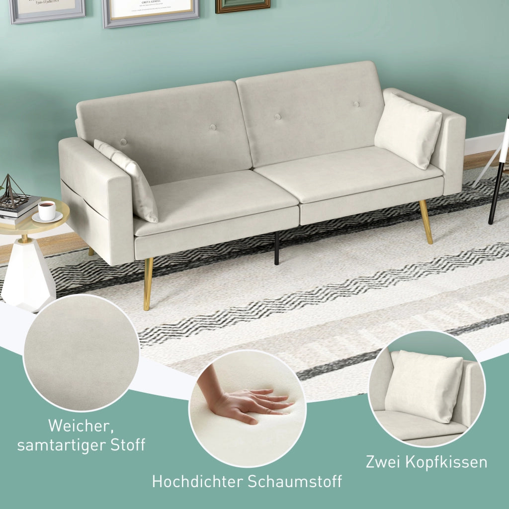 Divano letto convertibile 2 posti beige con schienale regolabile, tasche laterali e cuscini