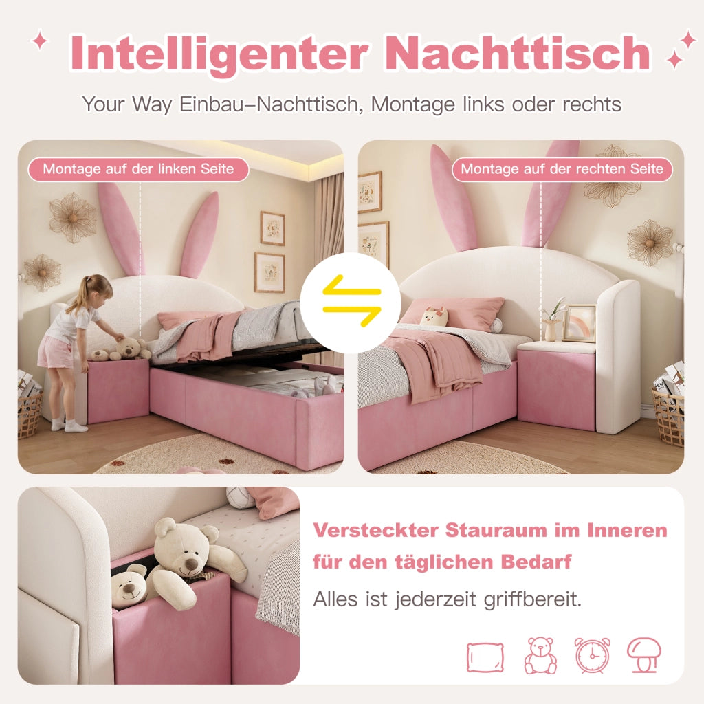 LETTO 90x200 cm in velluto beige e rosa con comodino laterale