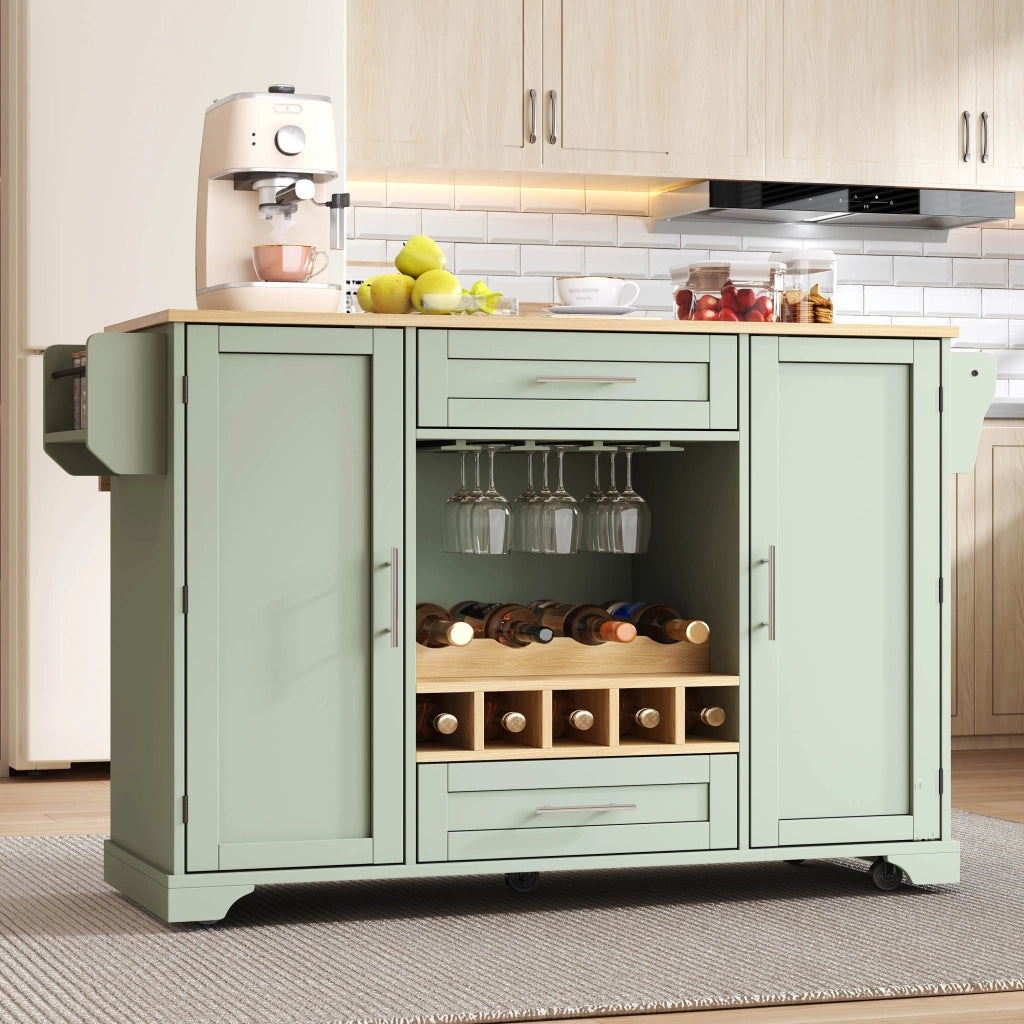 Carrello da cucina con piano estraibile; 2 ante e 2 cassetti con porta bottiglie; in MDF; verde antico; 138×70×92 cm