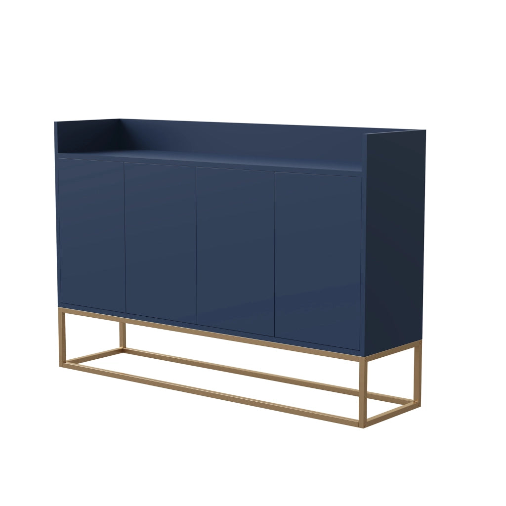 Credenza buffet 120cm blu marino, mobile soggiorno pannello di particelle con base metallo oro, 4 ante push‑to‑open, ripiani regolabili per sala da pranzo ingresso