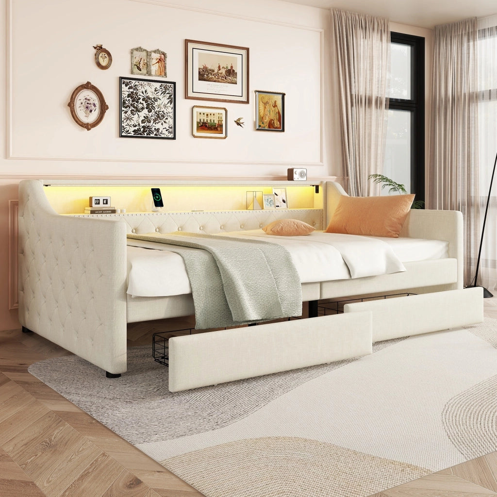 Letto singolo 90×200 cm con LED; USB e 2 cassetti; rete inclusa; senza materasso; lino; beige