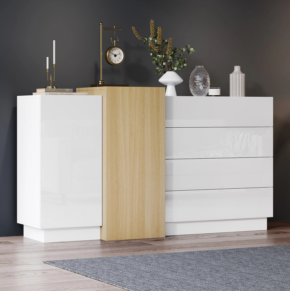 Credenza moderna bianca lucida in MDF 140 x 35 x 76;5 cm con 4 cassetti e 2 ante