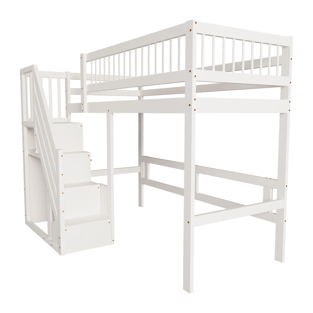 Letto a soppalco in legno massello con scala contenitore e recinzione alta; bianco; 90x200 cm; senza materasso