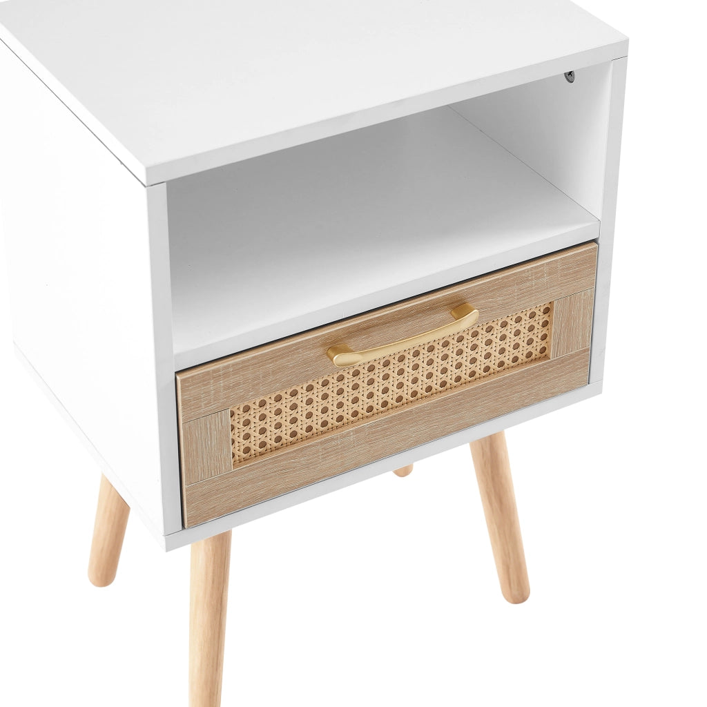 TAVOLINO con cassetto in MDF e rattan, gambe in legno massello, bianco/naturale