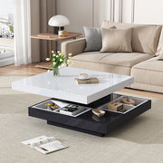 Tavolino da salotto girevole 360° 70x70x36 cm in truciolare bianco e nero; con vano portaoggetti