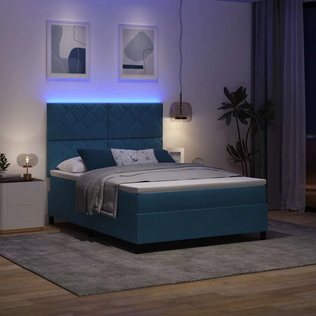 Letto a Sorgente LED Blu Scuro 160 x 200 cm Tessuto
