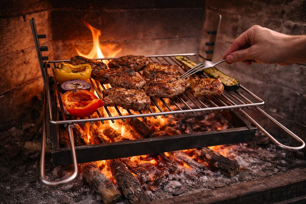 Griglia per Barbecue in Acciaio Cromato, Regolabile su più Altezze, Scorrevole per camino per Carne e Pesce 69,5x39,5 cm