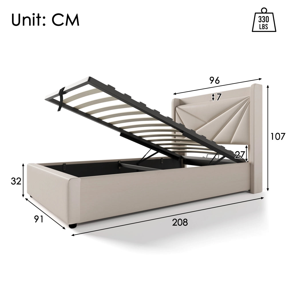 LETTO Contenitore 90x200 cm Beige in cotone e lino con USB Tipo C