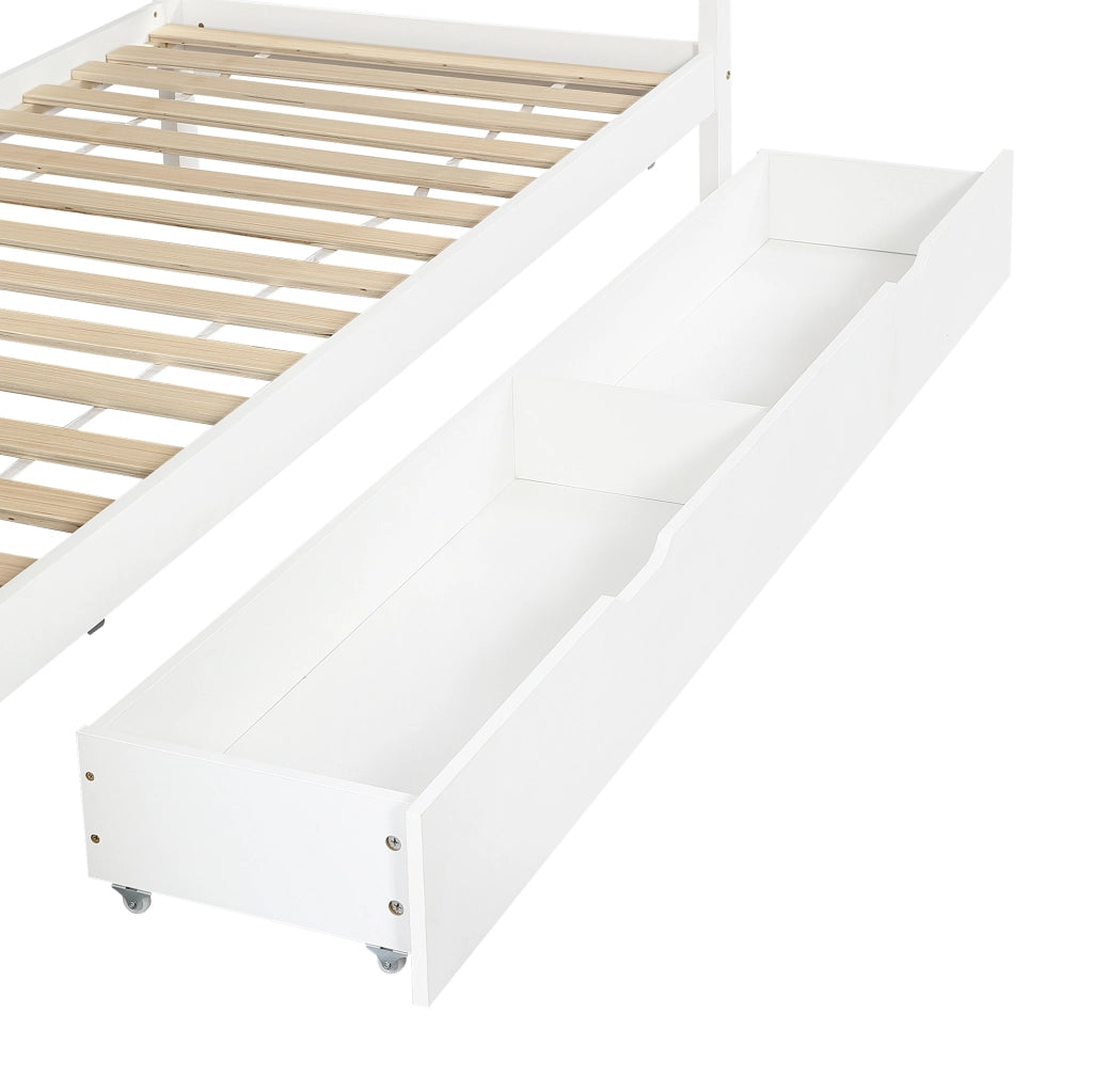 Letto singolo per bambini con sponda; armadio laterale e 5 cassetti; 90x200 cm; bianco