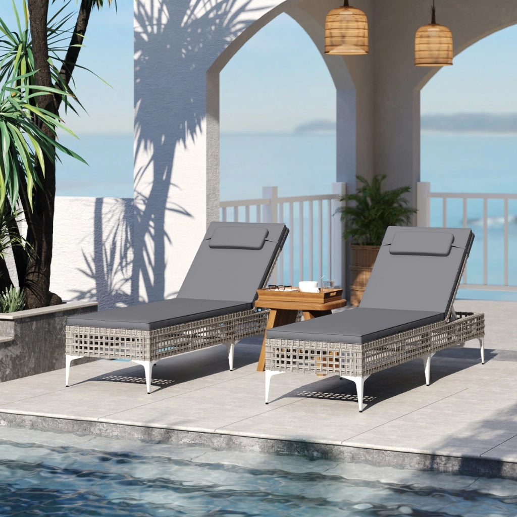 Lettino sdraio in rattan PE con schienale regolabile a 6 livelli per piscina-Sedia a sdraio da patio cuscino e poggiatesta removibili Grigio