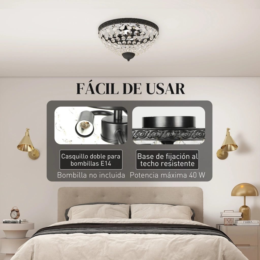 Lampada a Soffitto Vintage con Perline di Cristallo ¨C zephmum ¨C Nero 2xE14 40W