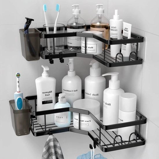 Organizzatore da bagno autoadesivo con 4 ganci e contenitori per dentifricio - nero, acciaio inox - 2 pezzi
