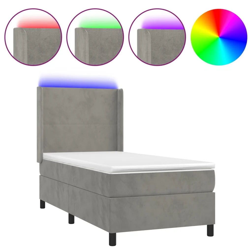 Letto singolo | Letto per adulti | Letto a Molle Materasso e LED Grigio Chiaro 90x200 cm Velluto