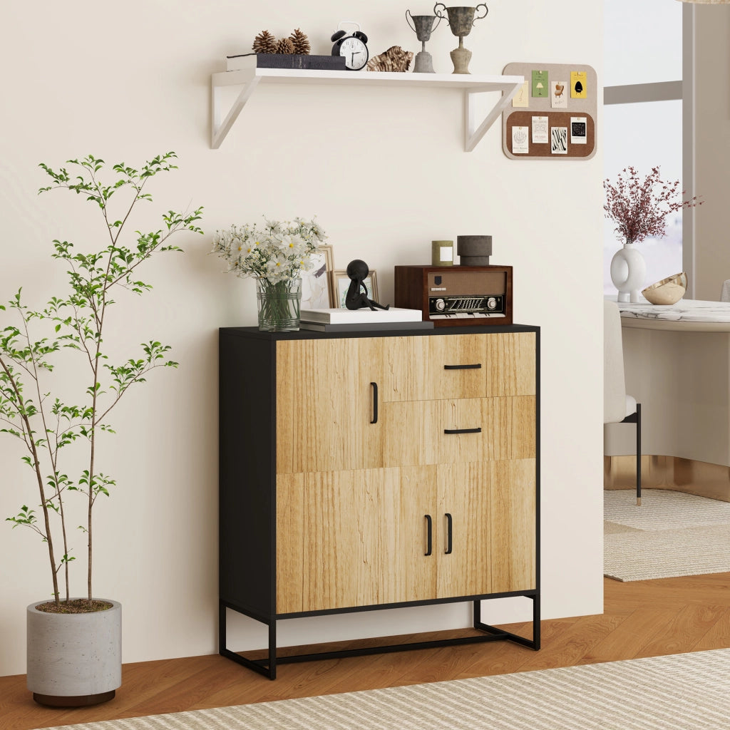Mobile Credenza Portaoggetti ¨C Xylo ¨C Nero e Legno 80x35x85cm con 3 Ante e 2 Cassetti