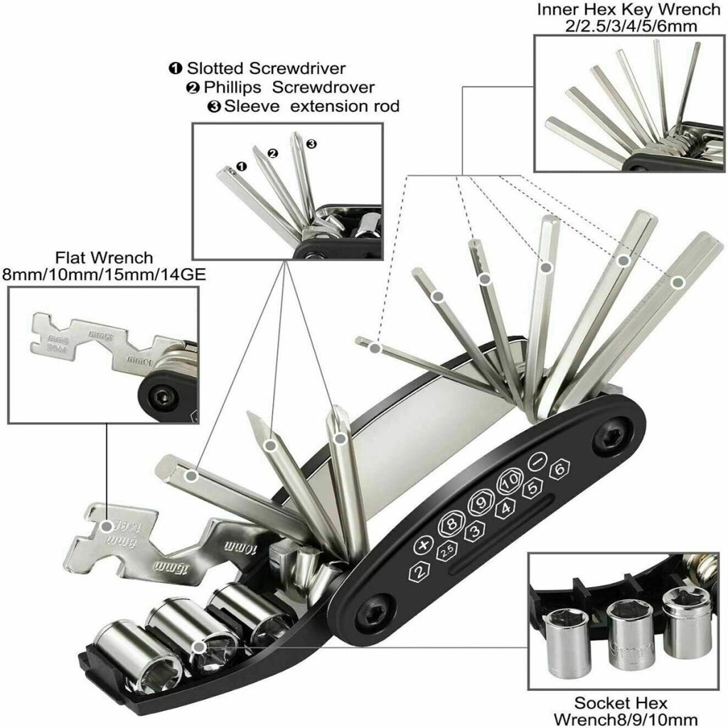 KIT MULTIFUNZIONE 16 IN 1 ATTREZZI BICICLETTA CHIAVI RIPARAZIONE BICI BIKE 94279