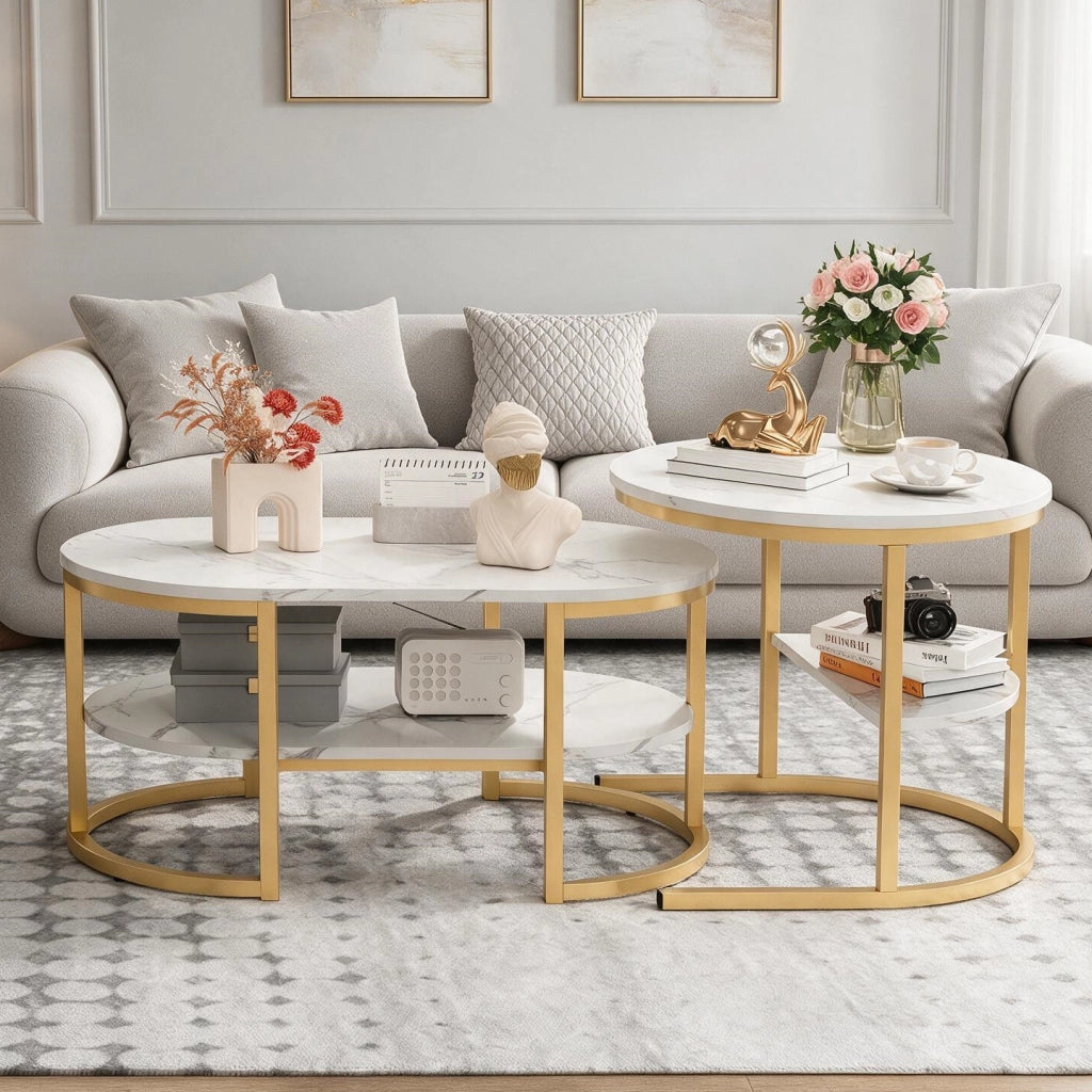 Tavolini da salotto set 2 pezzi con contenitore tavolino pieghevole da divano soggiorno effetto marmo metallo - oro
