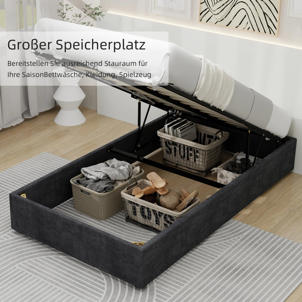 Letto contenitore per bambini 90 × 200 cm con testiera imbottita e sollevamento pneumatico, senza materasso, grigio