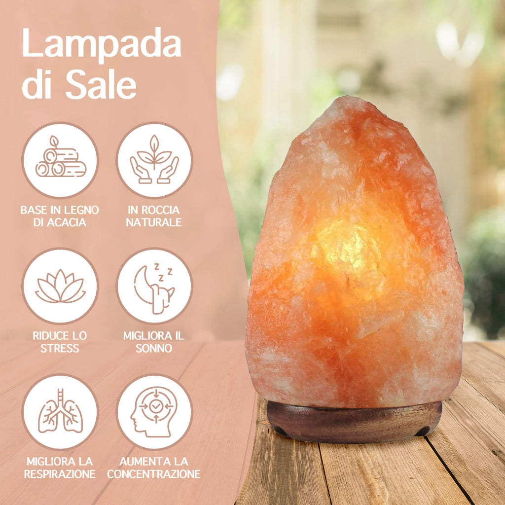 Lampada Di Sale Himalayano Originale Naturale Realizzata A Mano Con Base In Legno Di Acacia Pezzo Unico Prodotto Certificato  Con Spina Europea  - 15.5x22Cm 5Kg