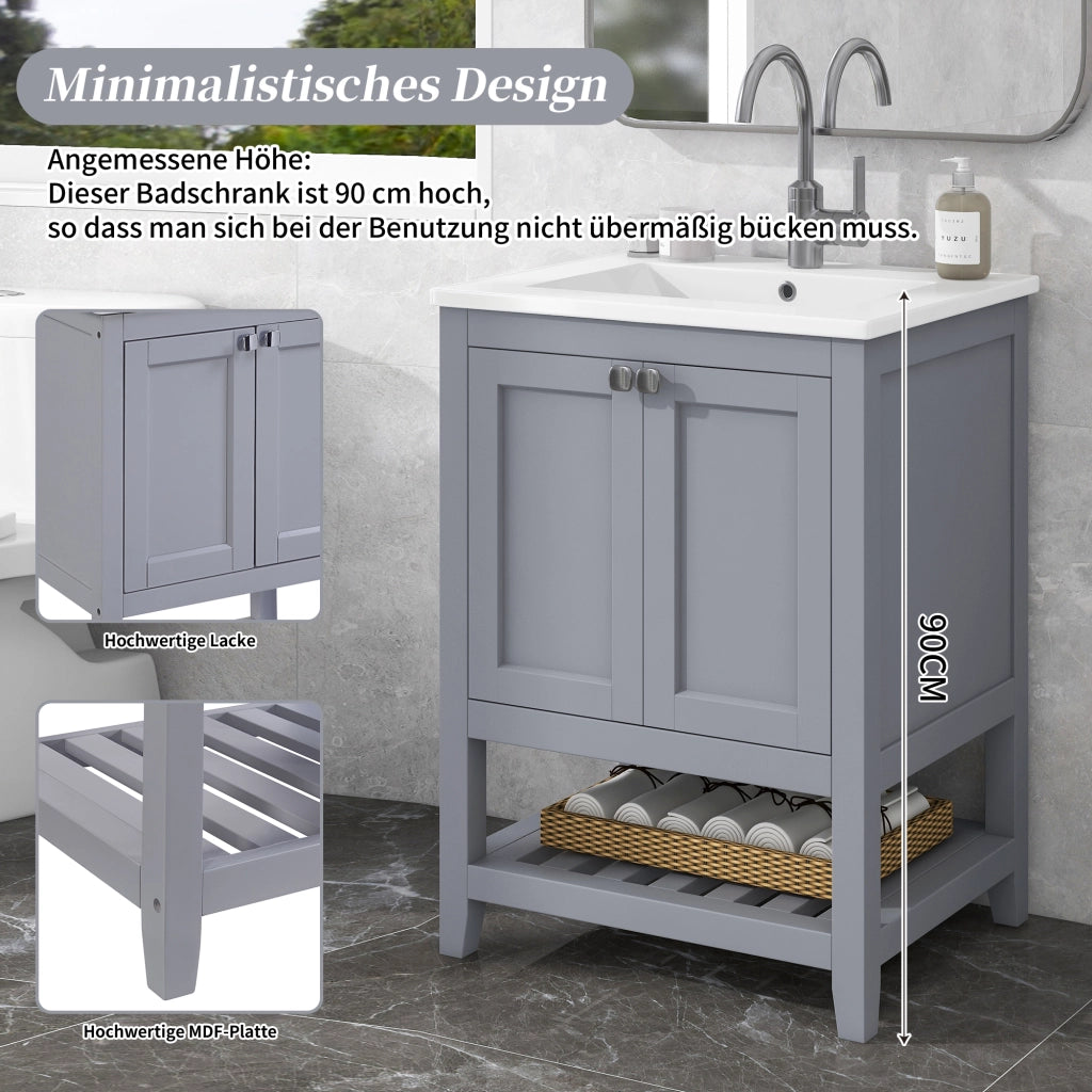 LAVABO CON MOBILE 60 cm Grigio e Bianco in Legno Massello e MDF