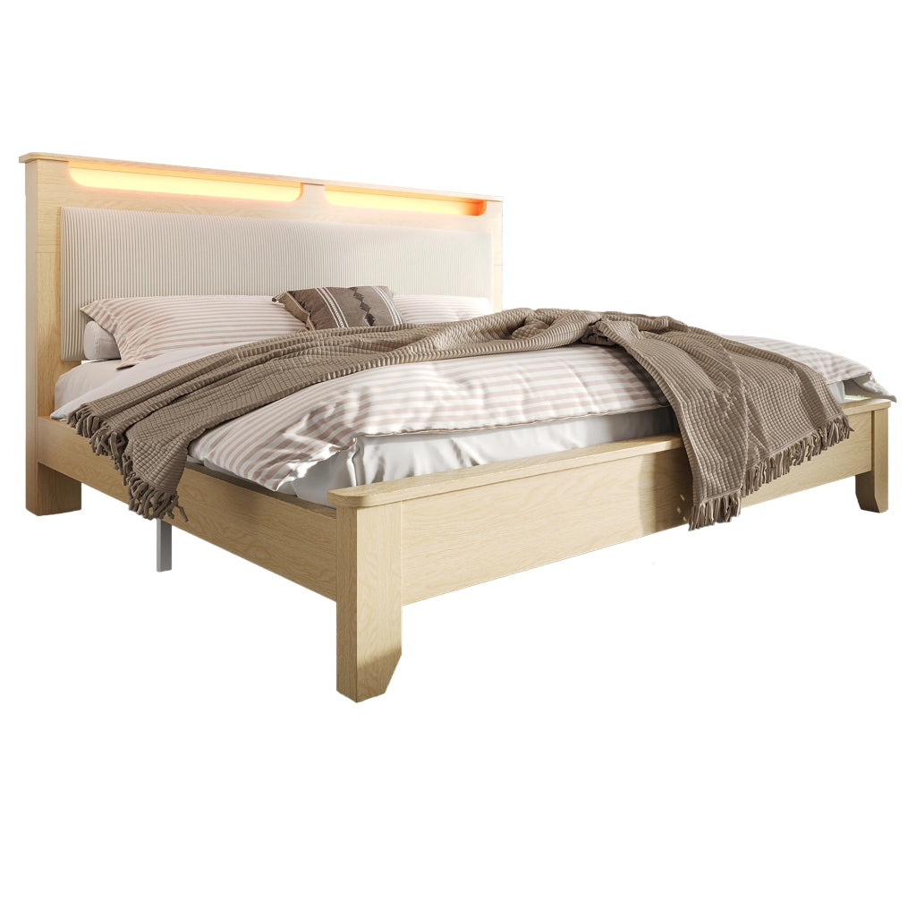 Letto matrimoniale in legno - Zephmum- 160¡Á200cm- Quercia chiara- Testiera con LED e ripostiglio
