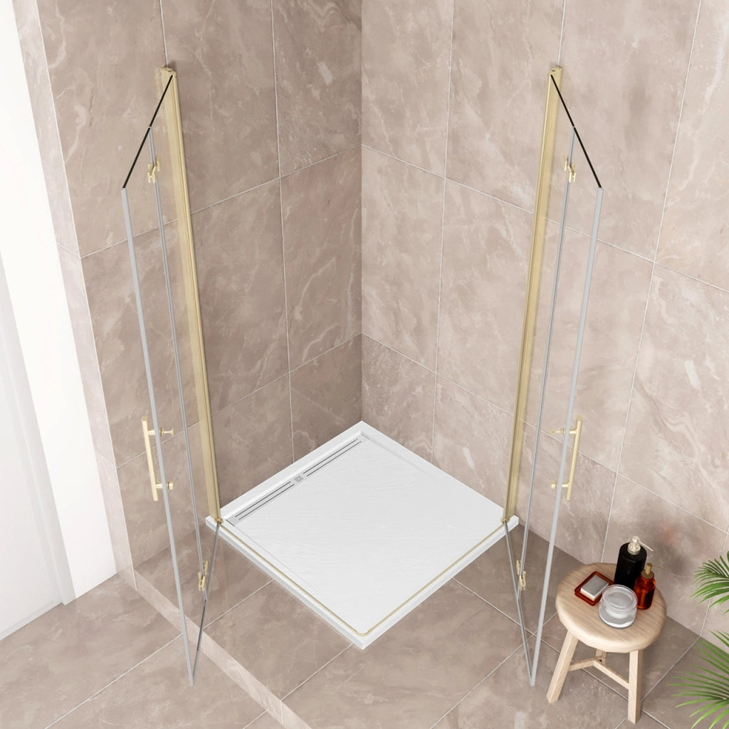 185 cm Box Doccia Angolare 76x76 cm Doppia Porta Battente Pieghevole Vetro Temperato Trasparente 6 mm Anticalcare Telaio Dorato Spazzolato