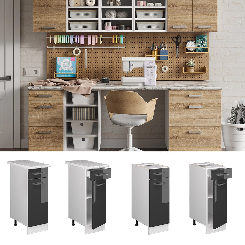 Vicco Base universale Antracite lucido 30 cm con cassetto, con piano di lavoro
