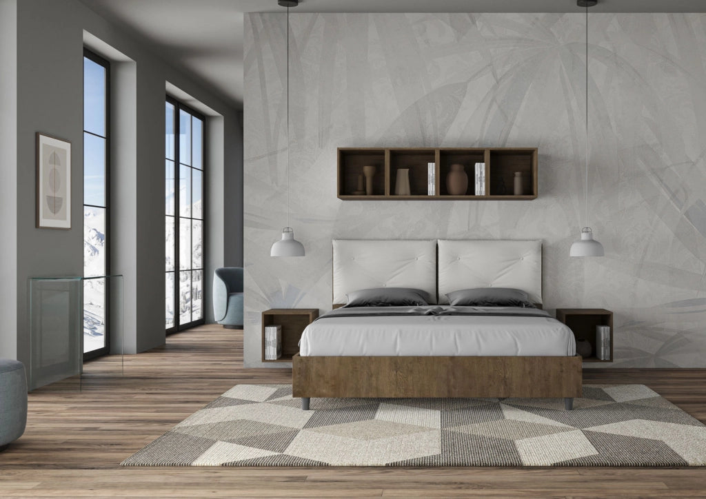 BS COM Letto matrimoniale contenitore doppia alzata 160x200 Noce cuscini similpelle bianco