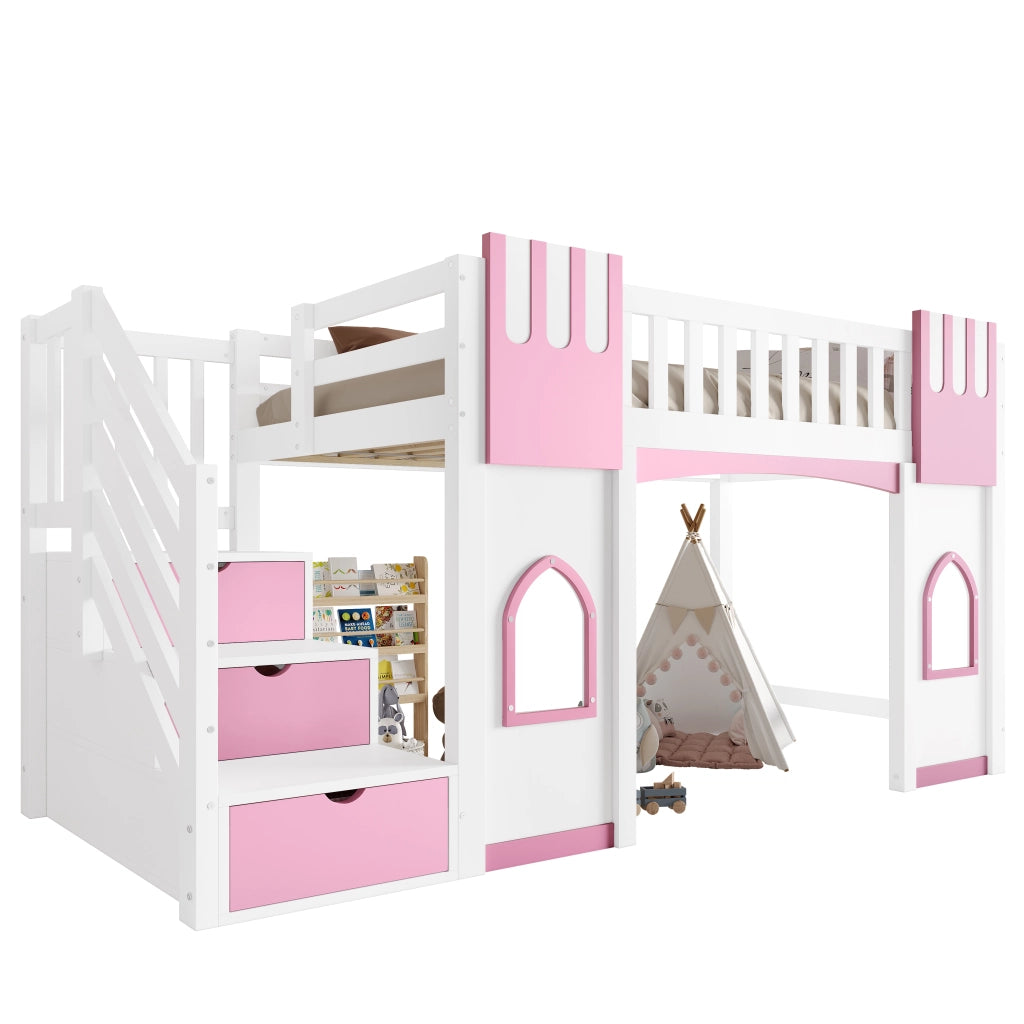 LETTO A SOPPALCO con scala contenitore e finestre 90x200 cm bianco e rosa
