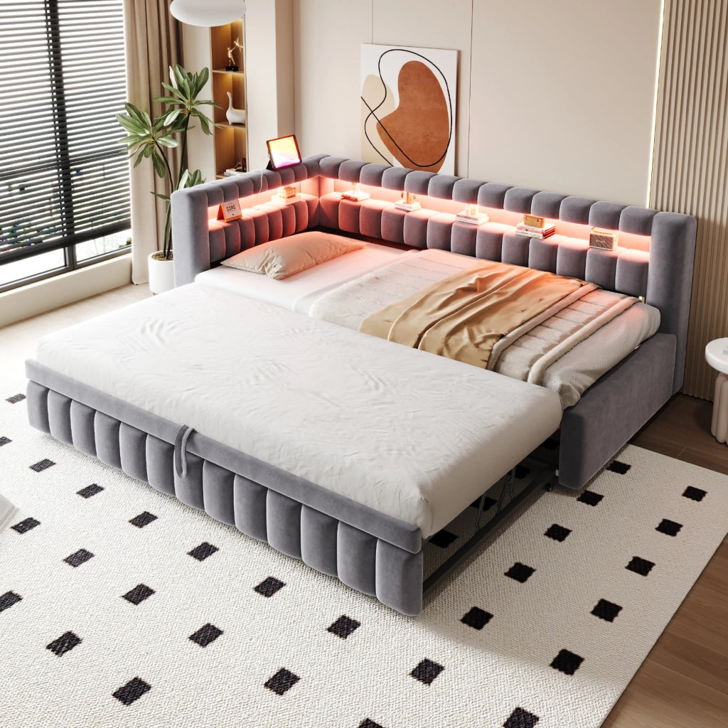 LETTO DIVANO ESTRAIBILE 90x200 cm Velluto Grigio con LED e USB