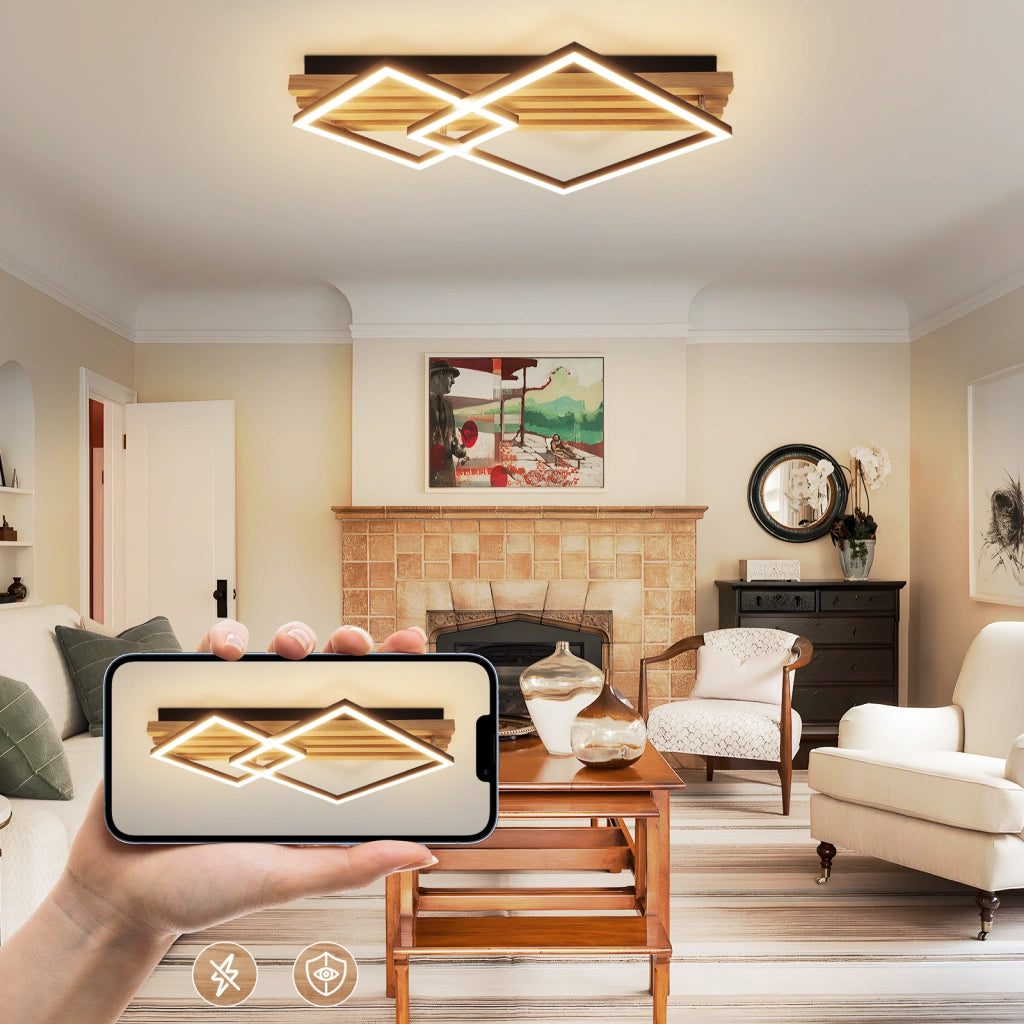 ZMH Lampada da soffitto LED in legno dimmerabile 55 cm 36W design geometrico quadrato con telecomando per camera letto