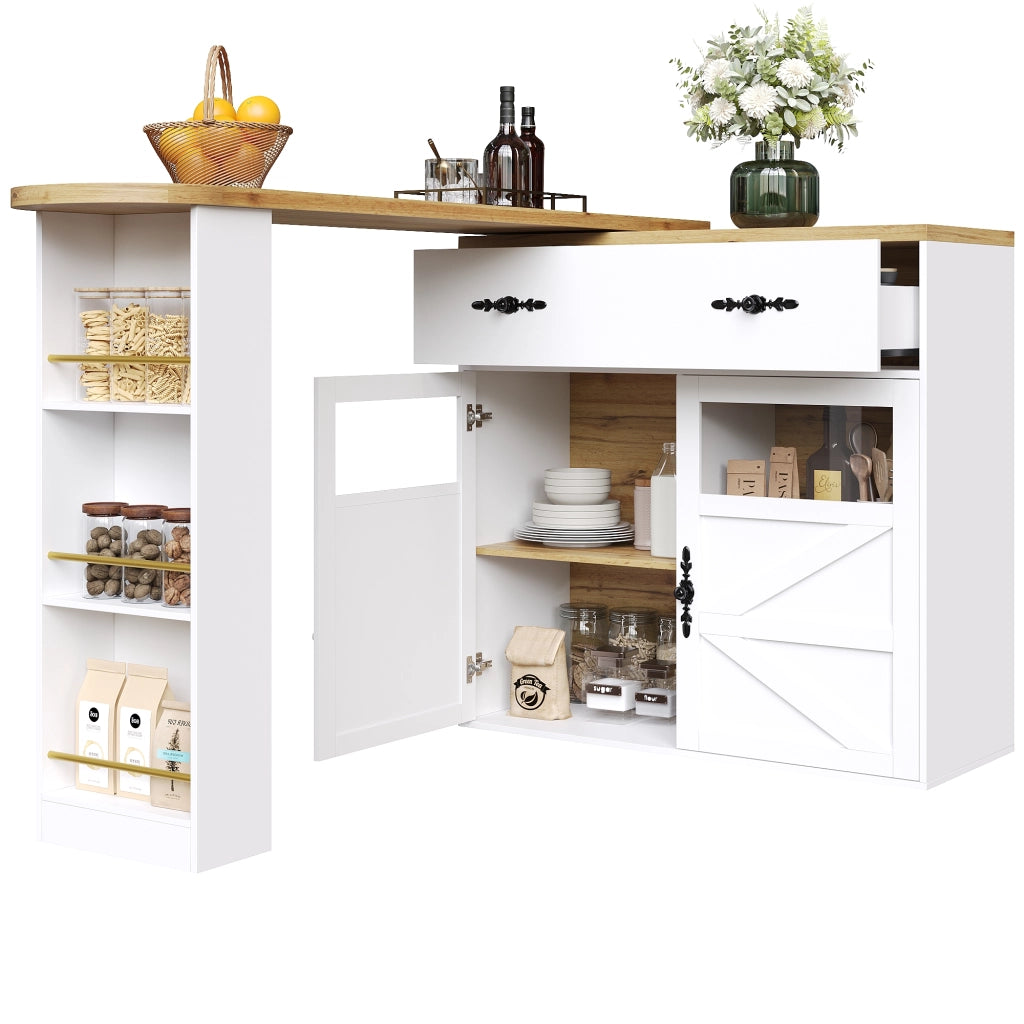OKWISH Tavolo Bar con 1 Cassetto, Ripiani Regolabili e Rotazione a 360°, per Cucina e Sala da Pranzo, MDF, Bianco, 138-204×39×104 cm