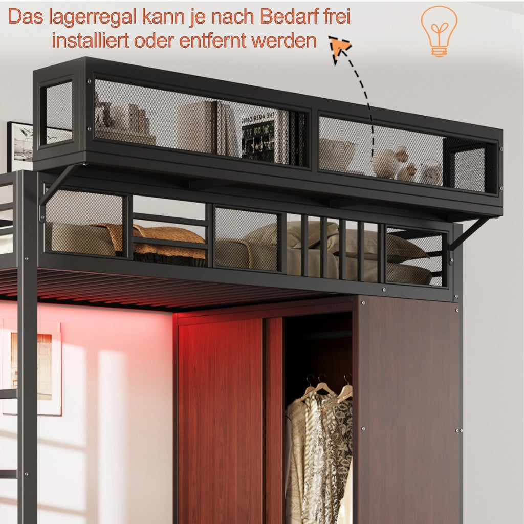LETTO a soppalco 90x200 cm nero in metallo e legno con armadio e LED