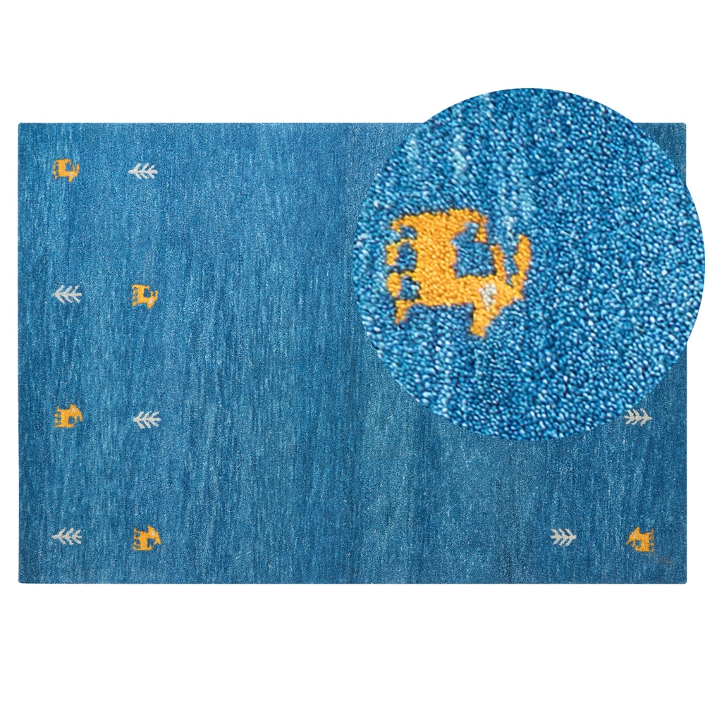 Tappeto Gabbeh in lana blu 140 x 200 cm, trapuntato a mano con motivi animali occidentali e design rustico